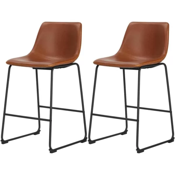 Bar Stools Set of 2 Counter Height Bar Stools with Back 26 inch Armless Industrial Faux Leather Barstools with Metal Legs and Footrest Modern Dining Chairs for Home Kitchen Island BlackWhiskey Brown