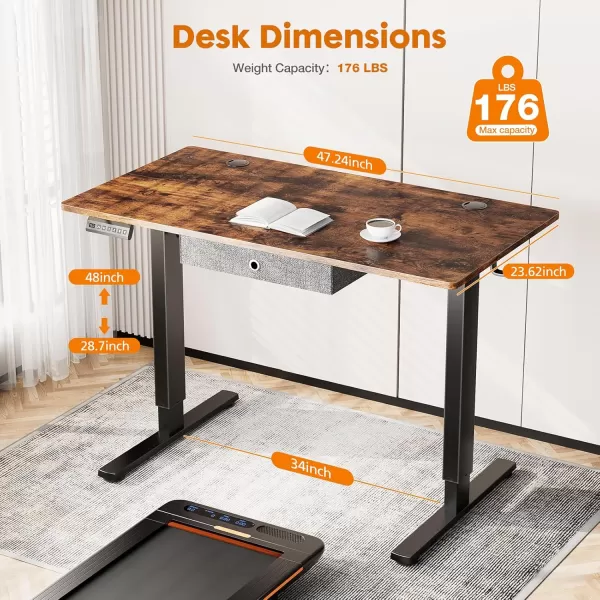 Electric Standing Desk with Drawer 48 x 24 Inch Stand up Desk with Storage Height Adjustable Desk Sit Stand Desk Black FrameRustic Brown Top Ergonomic Rising Desk Computer Workstation for Office