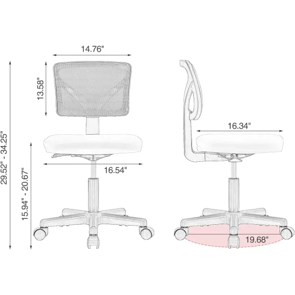 Sweetcrispy Armless Desk Chairs Ergonomic Low Back Computer Chair No Arms Adjustable Rolling Mesh Task Work Swivel Chairs with Wheels Work Vanity Chair for Small Spaces Home Bedroom Study BlackPink