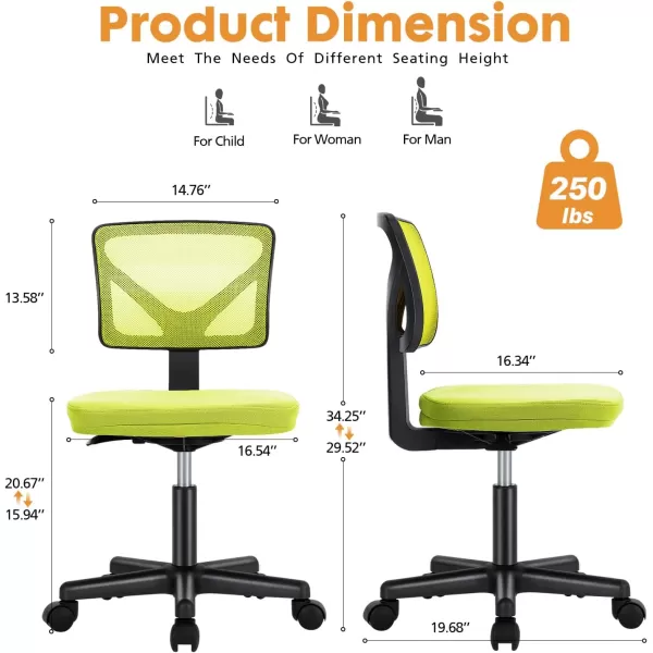 Sweetcrispy Armless Desk Chairs Ergonomic Low Back Computer Chair No Arms Adjustable Rolling Mesh Task Work Swivel Chairs with Wheels Work Vanity Chair for Small Spaces Home Bedroom Study BlackLight Green