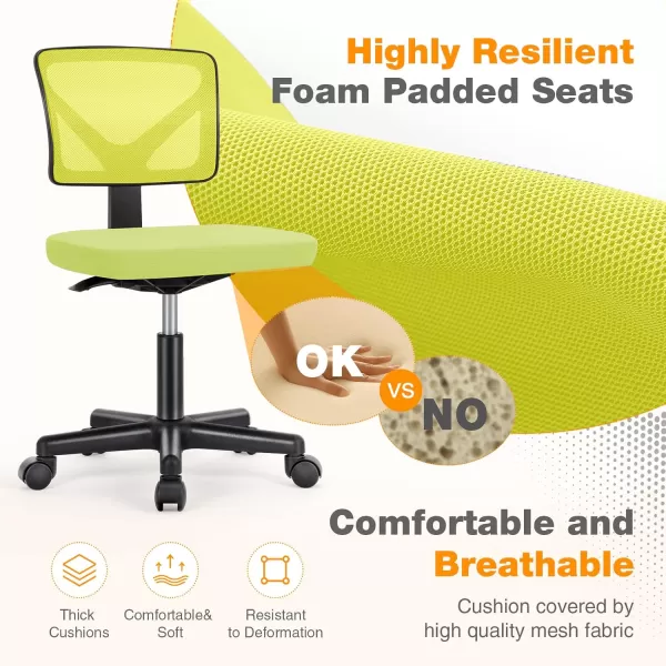 Sweetcrispy Armless Desk Chairs Ergonomic Low Back Computer Chair No Arms Adjustable Rolling Mesh Task Work Swivel Chairs with Wheels Work Vanity Chair for Small Spaces Home Bedroom Study BlackLight Green