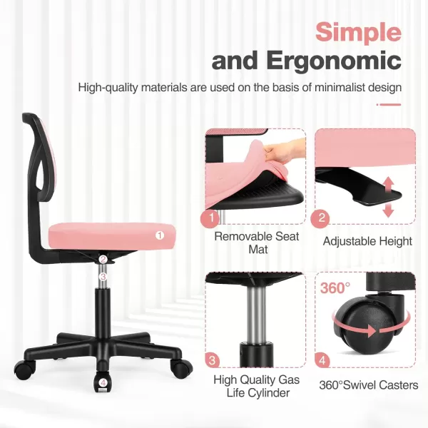 Sweetcrispy Armless Desk Chairs Ergonomic Low Back Computer Chair No Arms Adjustable Rolling Mesh Task Work Swivel Chairs with Wheels Work Vanity Chair for Small Spaces Home Bedroom Study BlackPink