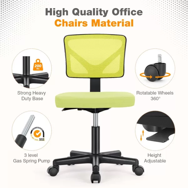 Sweetcrispy Armless Desk Chairs Ergonomic Low Back Computer Chair No Arms Adjustable Rolling Mesh Task Work Swivel Chairs with Wheels Work Vanity Chair for Small Spaces Home Bedroom Study BlackLight Green