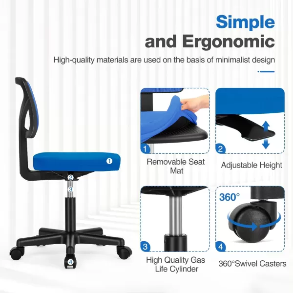 Sweetcrispy Armless Desk Chairs Ergonomic Low Back Computer Chair No Arms Adjustable Rolling Mesh Task Work Swivel Chairs with Wheels Work Vanity Chair for Small Spaces Home Bedroom Study BlackBlue