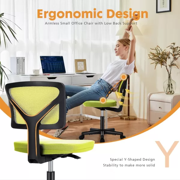 Sweetcrispy Armless Desk Chairs Ergonomic Low Back Computer Chair No Arms Adjustable Rolling Mesh Task Work Swivel Chairs with Wheels Work Vanity Chair for Small Spaces Home Bedroom Study BlackLight Green