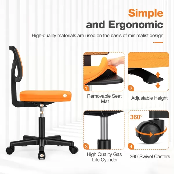 Sweetcrispy Armless Desk Chairs Ergonomic Low Back Computer Chair No Arms Adjustable Rolling Mesh Task Work Swivel Chairs with Wheels Work Vanity Chair for Small Spaces Home Bedroom Study BlackOrange