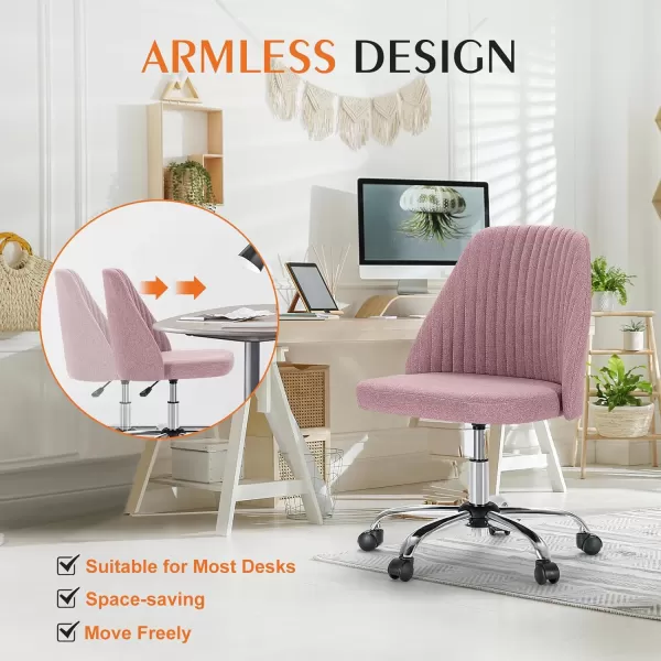 Sweetcrispy Armless Office Chair Cute Desk Chair Modern Fabric Home Office Desk Chairs with Wheels Adjustable Swivel Task Computer Vanity Chair for Small SpacesPink