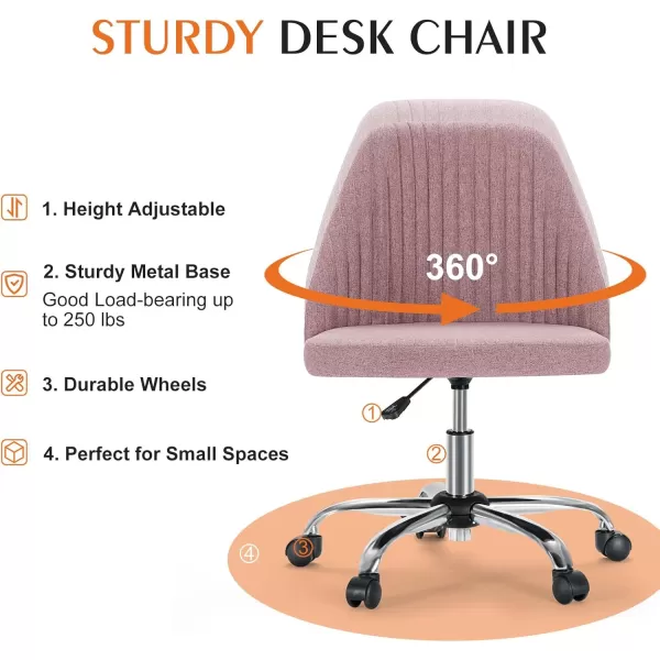 Sweetcrispy Armless Office Chair Cute Desk Chair Modern Fabric Home Office Desk Chairs with Wheels Adjustable Swivel Task Computer Vanity Chair for Small SpacesPink