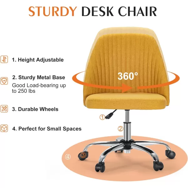 Sweetcrispy Armless Office Chair Cute Desk Chair Modern Fabric Home Office Desk Chairs with Wheels Adjustable Swivel Task Computer Vanity Chair for Small SpacesYellow