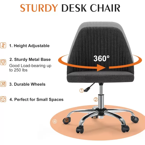 Sweetcrispy Armless Office Chair Cute Desk Chair Modern Fabric Home Office Desk Chairs with Wheels Adjustable Swivel Task Computer Vanity Chair for Small SpacesDark Grey