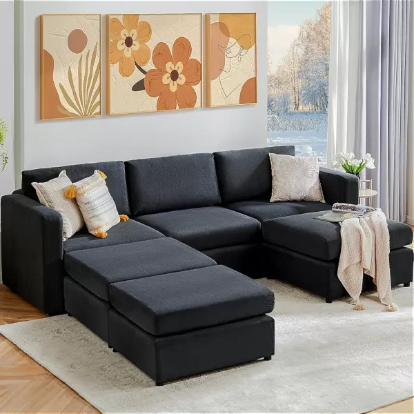 Sweetcrispy Convertible Modular Sectional Sofa 4 Seat Sectional Couches for Living Room LShaped Modern Fabric Modular Sofa Sleeper with Double Chaise for Home Apartment Dorm GreyDark Grey