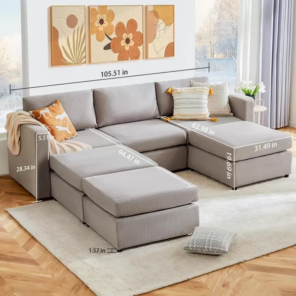 Sweetcrispy Convertible Modular Sectional Sofa 4 Seat Sectional Couches for Living Room LShaped Modern Fabric Modular Sofa Sleeper with Double Chaise for Home Apartment Dorm GreyGrey