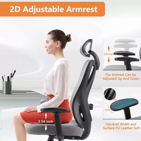 Sweetcrispy Ergonomic Office Desk Computer Chair High Back Comfy Swivel Home Gaming Mesh Chairs with Wheels Adjustable Lumbar Support Headrest Liftable 2D Arms135 Tilt for Bedroom Study BlackGrey