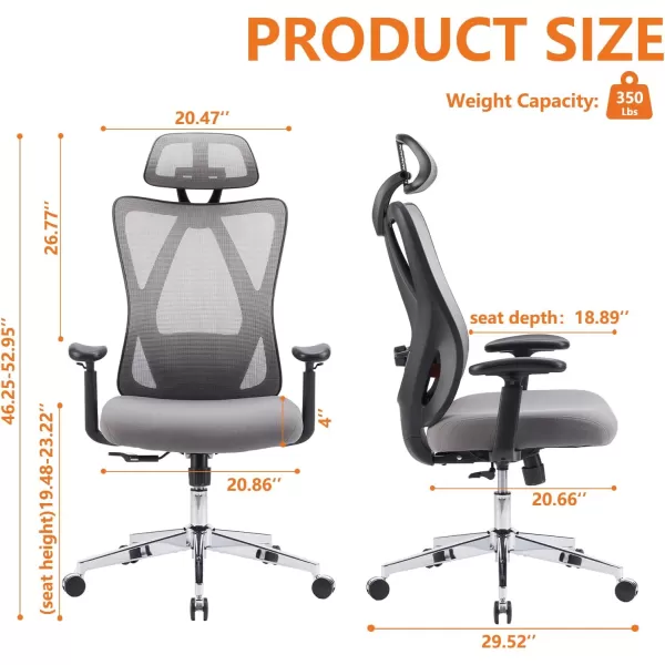 Sweetcrispy Ergonomic Office Desk Computer Chair High Back Comfy Swivel Home Gaming Mesh Chairs with Wheels Adjustable Lumbar Support Headrest Liftable 2D Arms135 Tilt for Bedroom Study BlackGrey