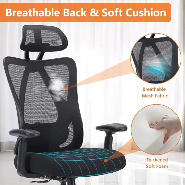 Sweetcrispy Ergonomic Office Desk Computer Chair High Back Comfy Swivel Home Gaming Mesh Chairs with Wheels Adjustable Lumbar Support Headrest Liftable 2D Arms135 Tilt for Bedroom Study BlackBlack