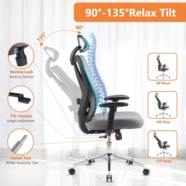 Sweetcrispy Ergonomic Office Desk Computer Chair High Back Comfy Swivel Home Gaming Mesh Chairs with Wheels Adjustable Lumbar Support Headrest Liftable 2D Arms135 Tilt for Bedroom Study BlackGrey