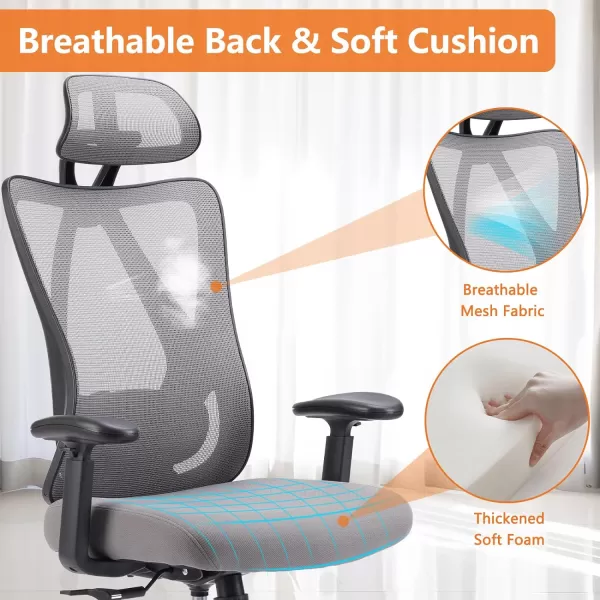 Sweetcrispy Ergonomic Office Desk Computer Chair High Back Comfy Swivel Home Gaming Mesh Chairs with Wheels Adjustable Lumbar Support Headrest Liftable 2D Arms135 Tilt for Bedroom Study BlackGrey