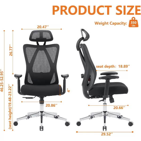 Sweetcrispy Ergonomic Office Desk Computer Chair High Back Comfy Swivel Home Gaming Mesh Chairs with Wheels Adjustable Lumbar Support Headrest Liftable 2D Arms135 Tilt for Bedroom Study BlackBlack