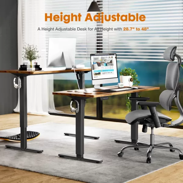 Sweetcrispy Height Adjustable Electric Ergonomic Design Sit Desk with Splice Board Standing Table Black FrameRustic Brown Desktop for Home Office