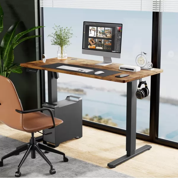 Sweetcrispy Height Adjustable Electric Ergonomic Design Sit Desk with Splice Board Standing Table Black FrameRustic Brown Desktop for Home Office