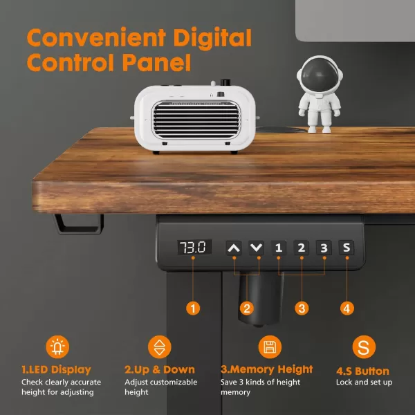 Sweetcrispy Height Adjustable Electric Ergonomic Design Sit Desk with Splice Board Standing Table Black FrameRustic Brown Desktop for Home Office