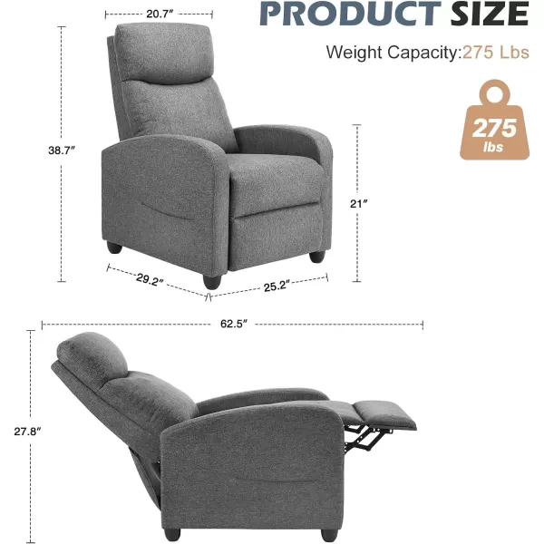 Sweetcrispy Recliner Chair for Adults Massage Fabric Small Recliner Home Theater Seating with Lumbar Support Adjustable Modern Reclining Chair with Padded Seat Backrest for Living Room GreyDeep Grey