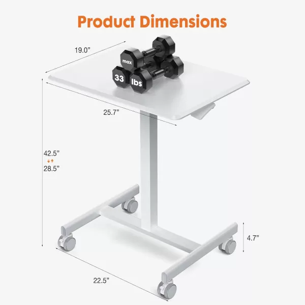 Sweetcrispy Small Mobile Rolling Standing Desk  Overbed Table Teacher Podium with Wheels Adjustable Work Table Rolling Desk Laptop Computer Cart for Home Office Classroom  WhiteModern White