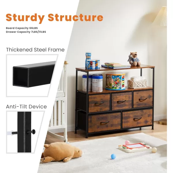 Sweetcrispy TV Stand for Bedroom TV Dresser for 45 inches Media Console Table Entertainment Center with 5 Fabric Drawers Cabinet and Open Storage Shelf Furniture Cabinet for Living Room Hallway