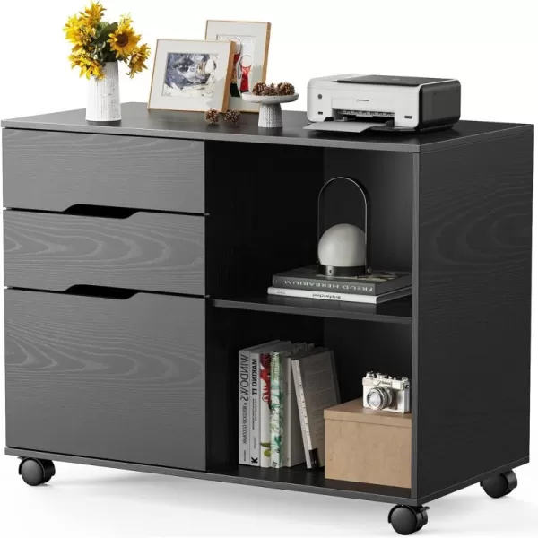 Sweetcrispy 3Drawer File Cabinet Lateral Mobile Filing Cabinet Wood Storage Organizer with Wheels Printer Stand ampamp Open Shelves for Home Office Under Desk Organization  BlackModern Black