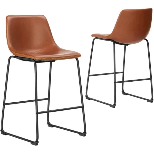 Sweetcrispy Bar Stools Set of 2 Counter Height Bar Stools with Back 26 inch Armless Industrial Faux Leather Barstools with Metal Legs and Footrest Dining Chairs for Home Island Whiskey Brown