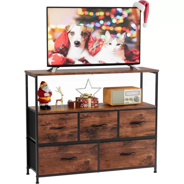 Sweetcrispy TV Stand for Bedroom TV Dresser for 45 inches Media Console Table Entertainment Center with 5 Fabric Drawers Cabinet and Open Storage Shelf Furniture Cabinet for Living Room Hallway