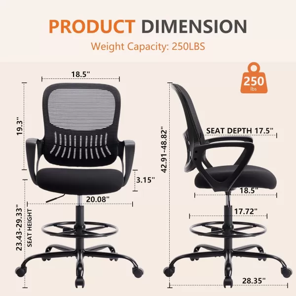 Sweetcrispy Drafting Chair Ergonomic Tall Computer Office Rolling Stool High Adjustable on Wheels with Arms for Standing Desk Bar Counter Height Thicker Seat back Lumbar Support and Footrest Black