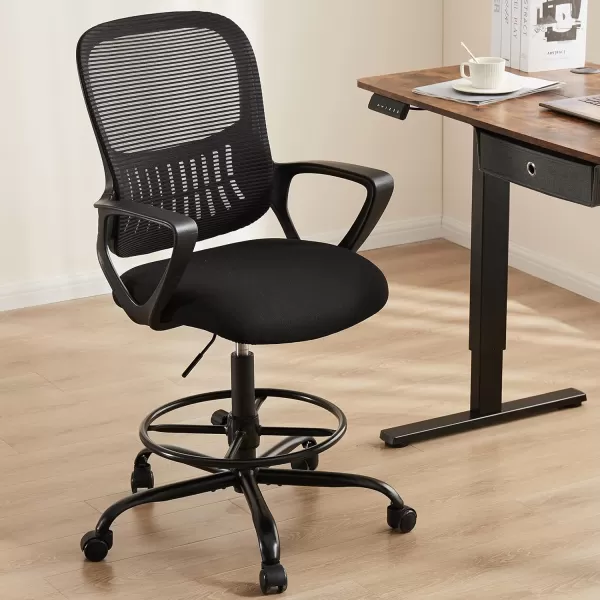 Sweetcrispy Drafting Chair Ergonomic Tall Computer Office Rolling Stool High Adjustable on Wheels with Arms for Standing Desk Bar Counter Height Thicker Seat back Lumbar Support and Footrest Black