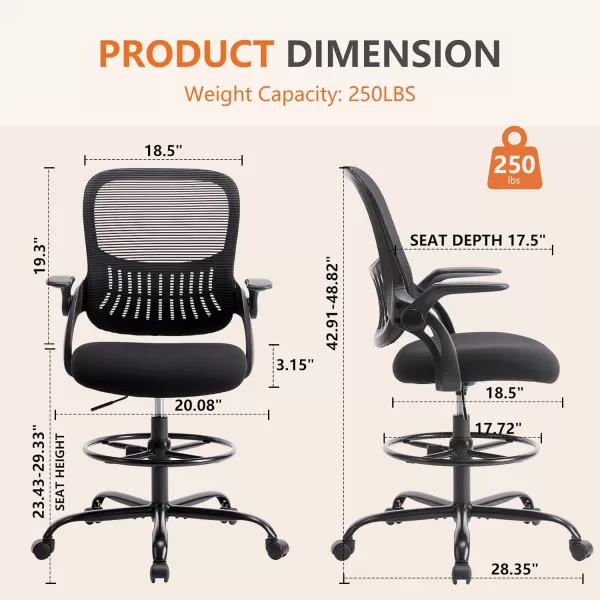 Sweetcrispy Drafting Tall Office Chair High Ergonomic Standing Desk Computer ChairsMidBack Mesh Counter Height Stool with Flipup Arms Wheels and Adjustable FootRing for Bar Lab Work Black