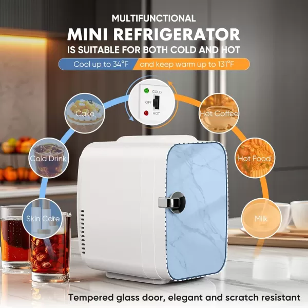 Sweetcrispy Mini Fridge Portable Small Refrigerator 4L6 Can Cooler ampamp Warmer Compact Fridge for SkinCare Food and Drinks Small Fridge for Bedroom Dorm Car Office WhiteMarble White