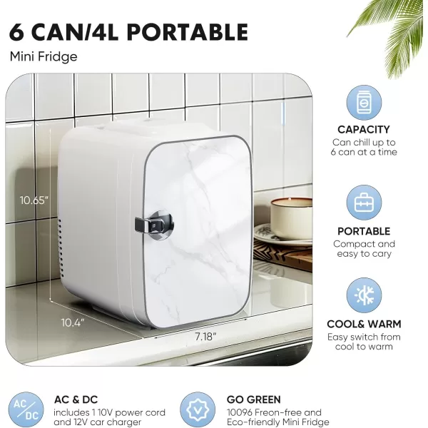 Sweetcrispy Mini Fridge Portable Small Refrigerator 4L6 Can Cooler ampamp Warmer Compact Fridge for SkinCare Food and Drinks Small Fridge for Bedroom Dorm Car Office WhiteMarble White