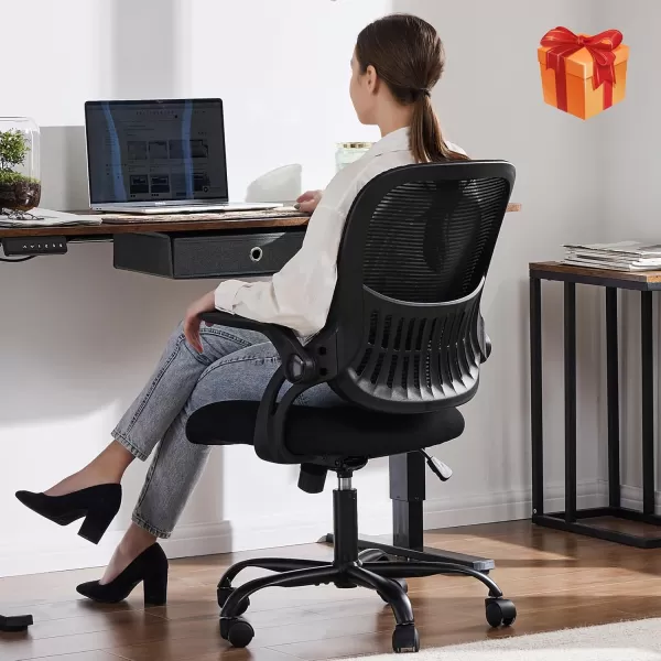 Sweetcrispy Office Computer Desk Chair Ergonomic MidBack Mesh Rolling Work Swivel Task Chairs with Wheels Comfortable Lumbar Support Comfy Flipup Arms for Home Bedroom Study Student Black