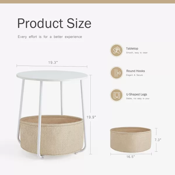 Sweetcrispy Small Round Side End Table for Living Room Modern Nightstand Bedside Table with Fabric Basket for Bedroom Nursery Side Table with Steel Frame  White ampamp BeigeWhite  Beige