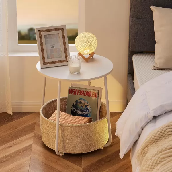 Sweetcrispy Small Round Side End Table for Living Room Modern Nightstand Bedside Table with Fabric Basket for Bedroom Nursery Side Table with Steel Frame  White ampamp BeigeWhite  Beige