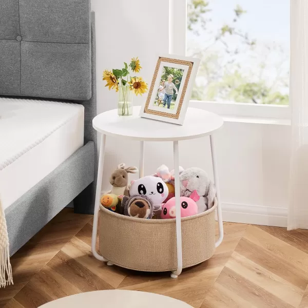 Sweetcrispy Small Round Side End Table for Living Room Modern Nightstand Bedside Table with Fabric Basket for Bedroom Nursery Side Table with Steel Frame  White ampamp BeigeWhite  Beige