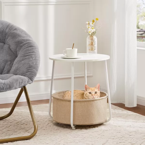 Sweetcrispy Small Round Side End Table for Living Room Modern Nightstand Bedside Table with Fabric Basket for Bedroom Nursery Side Table with Steel Frame  White ampamp BeigeWhite  Beige