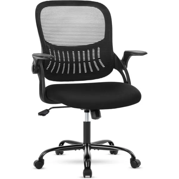 Sweetcrispy Office Computer Desk Chair Ergonomic MidBack Mesh Rolling Work Swivel Task Chairs with Wheels Comfortable Lumbar Support Comfy Flipup Arms for Home Bedroom Study Student Black