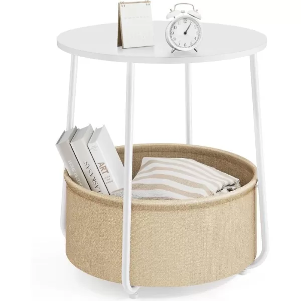 Sweetcrispy Small Round Side End Table for Living Room Modern Nightstand Bedside Table with Fabric Basket for Bedroom Nursery Side Table with Steel Frame  White ampamp BeigeWhite  Beige