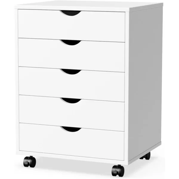 Sweetcrispy 5 Drawer Chest Dressers Storage Cabinets Wooden Dresser White Mobile Cabinet with Wheels Room Organizer Rolling Small Drawers Wood Organization Furniture for Office Home