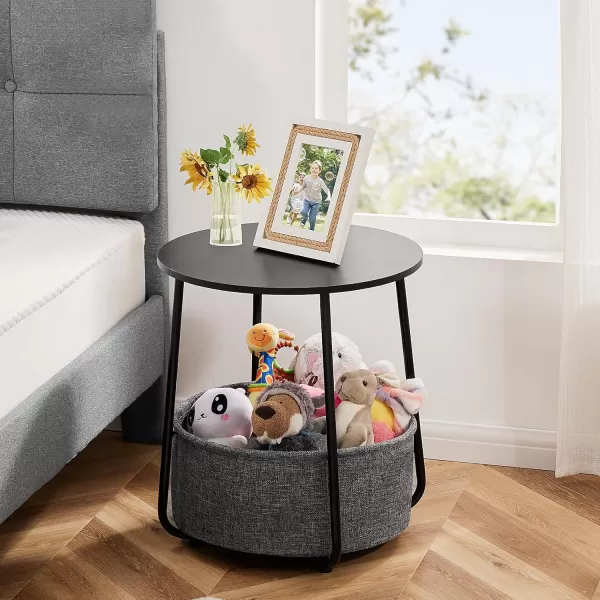 imageSweetcrispy Small Round Side End Table for Living Room Modern Nightstand Bedside Table with Fabric Basket for Bedroom Nursery Side Table with Steel Frame  Black ampamp Grey