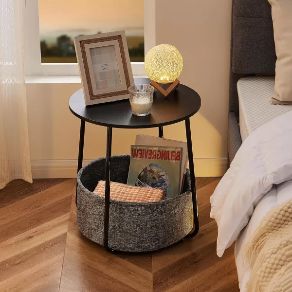 imageSweetcrispy Small Round Side End Table for Living Room Modern Nightstand Bedside Table with Fabric Basket for Bedroom Nursery Side Table with Steel Frame  Black ampamp Grey