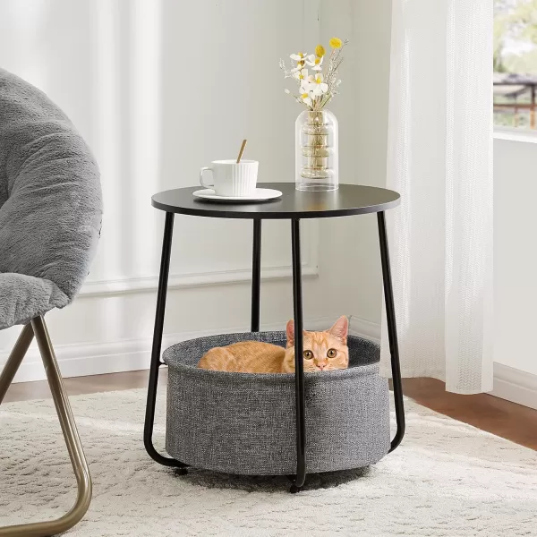 imageSweetcrispy Small Round Side End Table for Living Room Modern Nightstand Bedside Table with Fabric Basket for Bedroom Nursery Side Table with Steel Frame  Black ampamp Grey