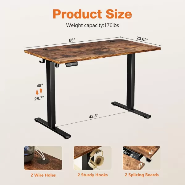 imageSweetcrispy Standing Desk Adjustable Height 63inch Electric Sit Stand up Desk for Home Office Modern Rising Work Table for Computer Laptop Lift Gaming Desk Sturdy Ergonomic Workstation Rust BrownRustic Brown