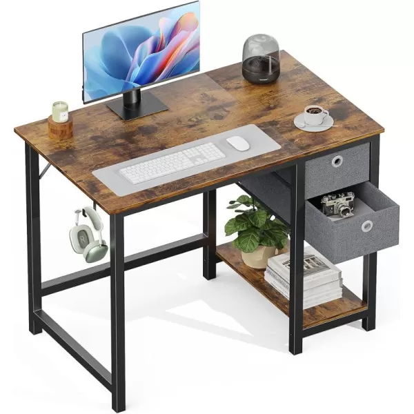 imageSweetcrispy Computer Desk 40 Inch Home Office Writing Work PC Table Study Gaming 2Tier Drawers Storage Shelf Side Headphone Hook Modern Simple Style Small for Bedroom Black WoodRustic Brown