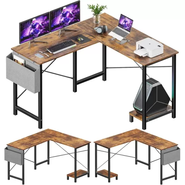 imageSweetcrispy L Shaped Computer Desk  Gaming Table Corner Desk 50 Inch PC Writing Black Desk Study Desks with Wooden Desktop CPU Stand Side Bag Reversible for Home Office Dorm Small SpaceRetro Brown